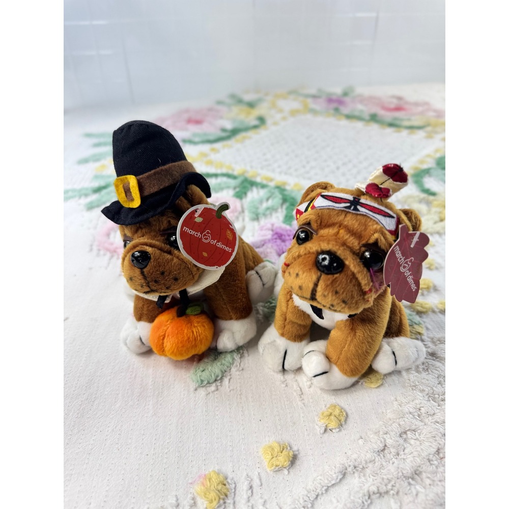 Plushland March of Dimes Thanksgiving Bulldog Plush Set Pilgrim & Indian 6 Inch